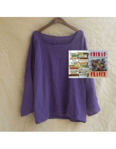Tunique top LIN gaufré oversize encolure empiècement manches longues violet ou blanc 38 - 46