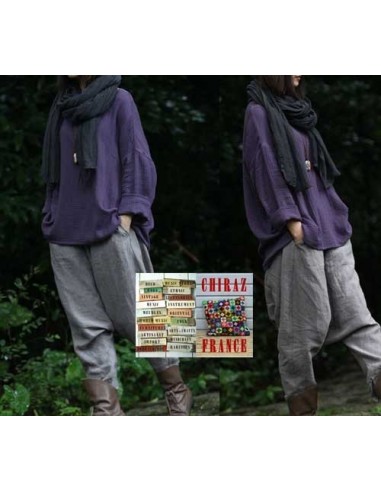 Tunique top LIN gaufré oversize encolure empiècement manches longues violet ou blanc 38 - 46