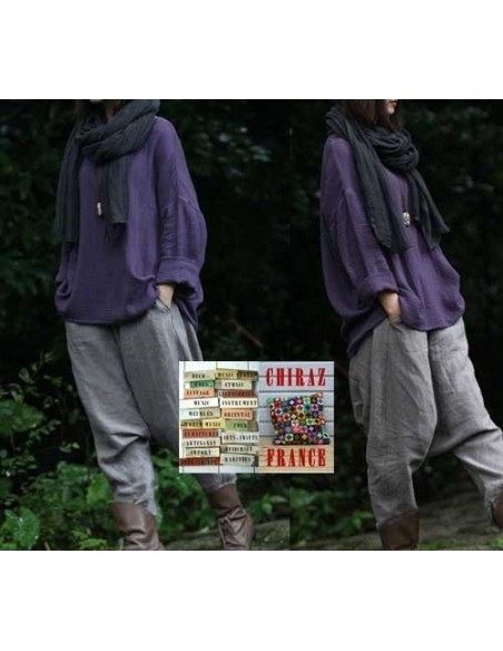 Tunique top LIN gaufré oversize encolure empiècement manches longues violet ou blanc 38 - 46