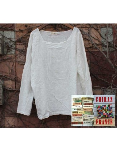 Tunique top LIN gaufré oversize encolure empiècement manches longues violet ou blanc 38 - 46