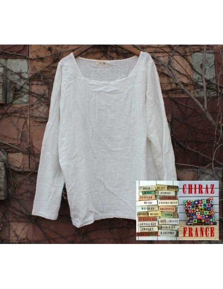 Tunique top LIN gaufré oversize encolure empiècement manches longues violet ou blanc 38 - 46