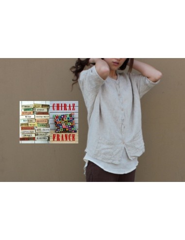 Chemisier surveste gaze de LIN graphique BLANC ou BEIGE idéal superposition 2 poches boho ethnique