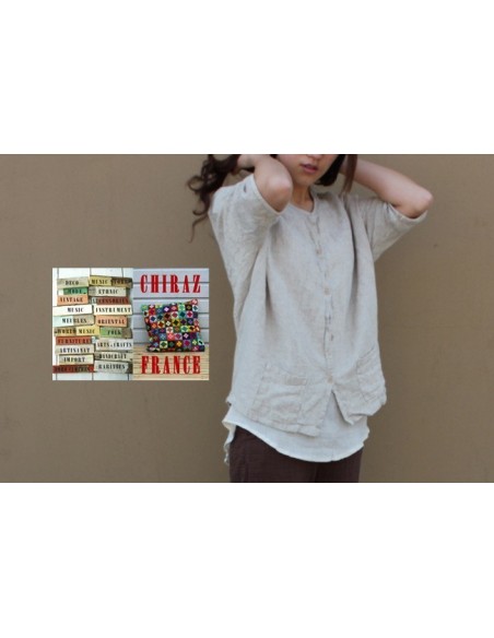 Chemisier surveste gaze de LIN graphique BLANC ou BEIGE idéal superposition 2 poches boho ethnique