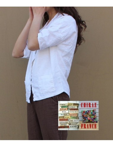 Chemisier surveste gaze de LIN graphique BLANC ou BEIGE idéal superposition 2 poches boho ethnique