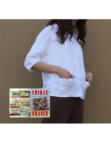 Chemisier surveste gaze de LIN graphique BLANC ou BEIGE idéal superposition 2 poches boho ethnique