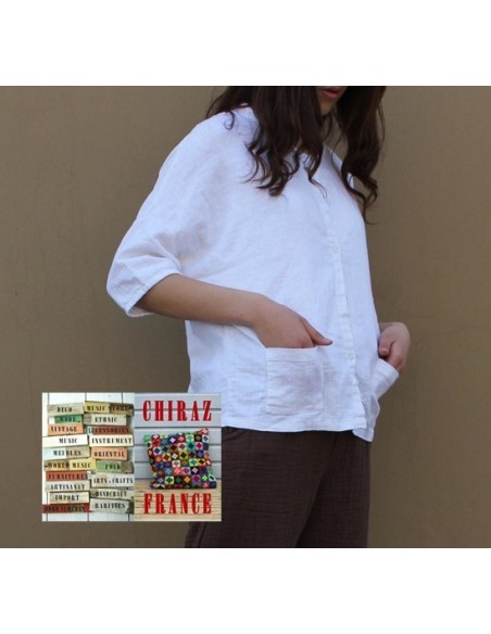 Chemisier surveste gaze de LIN graphique BLANC ou BEIGE idéal superposition 2 poches boho ethnique