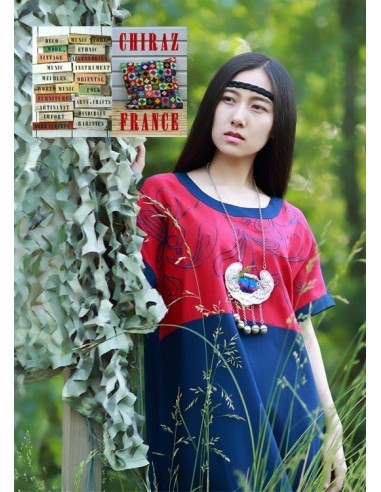 Tunique robe lin épais BLEU fleurs rebrodées sur haut rouge boho ethnique folk 