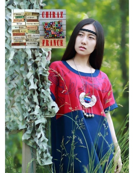 Tunique robe lin épais BLEU fleurs rebrodées sur haut rouge boho ethnique folk 