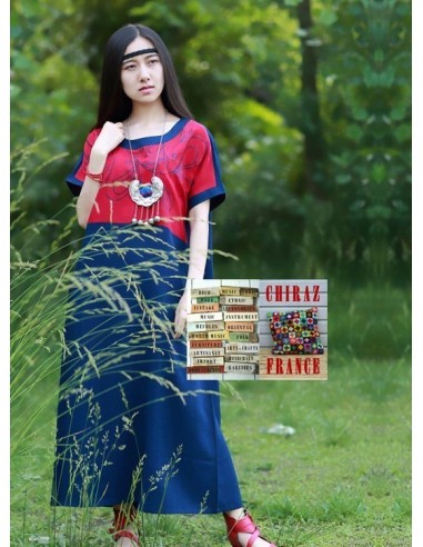 Tunique robe lin épais BLEU fleurs rebrodées sur haut rouge boho ethnique folk 