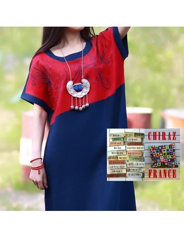 Tunique robe lin épais BLEU fleurs rebrodées sur haut rouge boho ethnique folk 