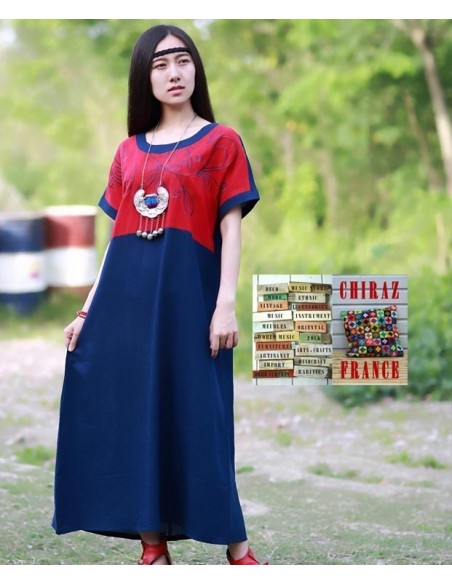 Tunique robe lin épais BLEU fleurs rebrodées sur haut rouge boho ethnique folk 