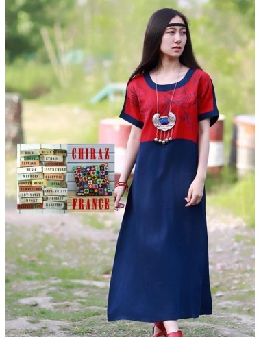 Tunique robe lin épais BLEU fleurs rebrodées sur haut rouge boho ethnique folk 