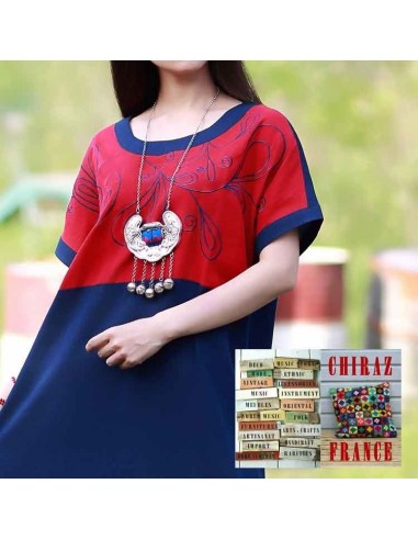Tunique robe lin épais BLEU fleurs rebrodées sur haut rouge boho ethnique folk 