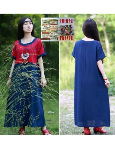 Tunique robe lin épais BLEU fleurs rebrodées sur haut rouge boho ethnique folk 