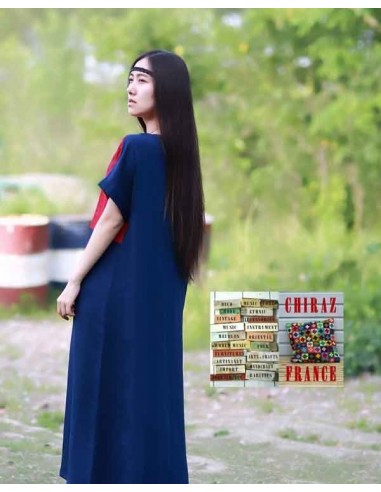 Tunique robe lin épais BLEU fleurs rebrodées sur haut rouge boho ethnique folk 