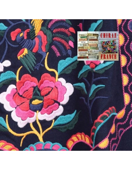 Jupe longue évasée LIN BLEU marine rebrodée tablier rebrodée ethnique boho fleurs folk