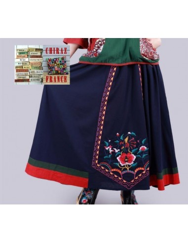 Jupe longue évasée LIN BLEU marine rebrodée tablier rebrodée ethnique boho fleurs folk
