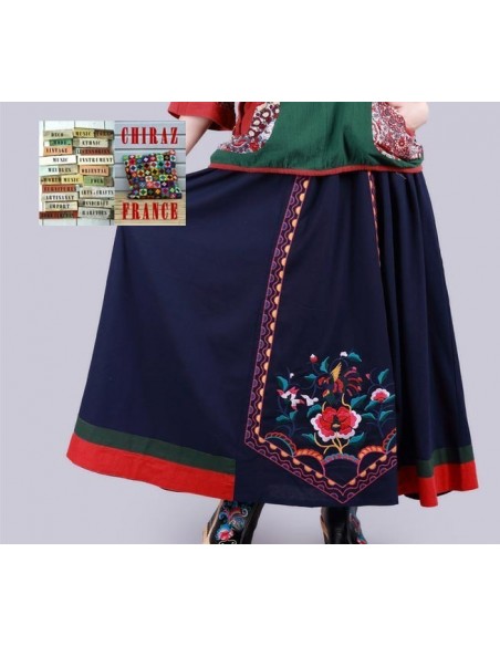 Jupe longue évasée LIN BLEU marine rebrodée tablier rebrodée ethnique boho fleurs folk