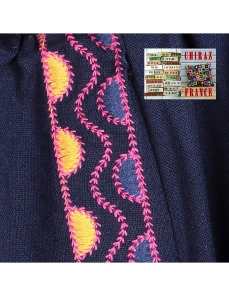 Jupe longue évasée LIN BLEU marine rebrodée tablier rebrodée ethnique boho fleurs folk