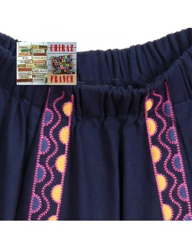 Jupe longue évasée LIN BLEU marine rebrodée tablier rebrodée ethnique boho fleurs folk