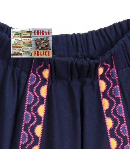 Jupe longue évasée LIN BLEU marine rebrodée tablier rebrodée ethnique boho fleurs folk