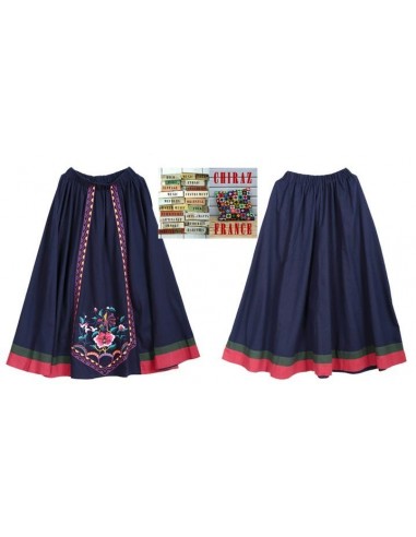 Jupe longue évasée LIN BLEU marine rebrodée tablier rebrodée ethnique boho fleurs folk