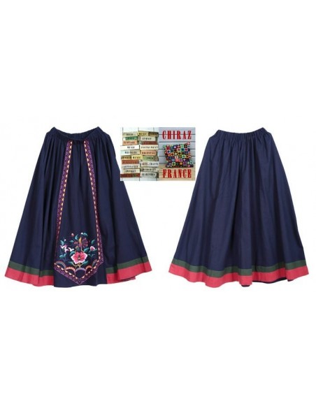 Jupe longue évasée LIN BLEU marine rebrodée tablier rebrodée ethnique boho fleurs folk