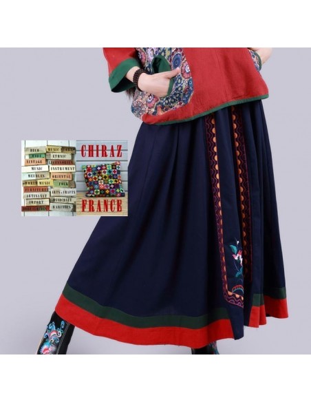 Jupe longue évasée LIN BLEU marine rebrodée tablier rebrodée ethnique boho fleurs folk
