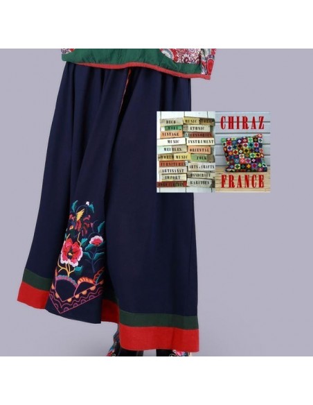 Jupe longue évasée LIN BLEU marine rebrodée tablier rebrodée ethnique boho fleurs folk