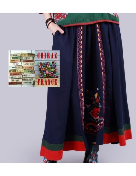 Jupe longue évasée LIN BLEU marine rebrodée tablier rebrodée ethnique boho fleurs folk