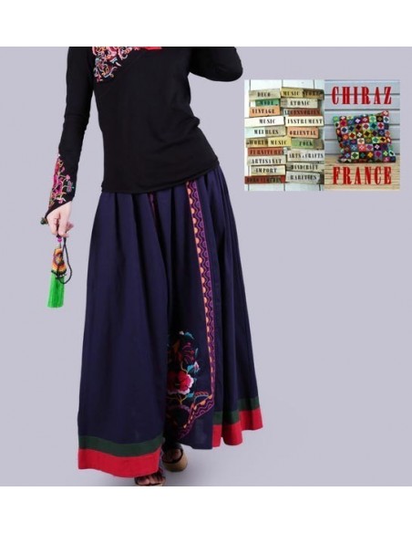 Jupe longue évasée LIN BLEU marine rebrodée tablier rebrodée ethnique boho fleurs folk