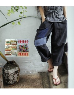 Pantalon baggy LIN NOIR thick pièces cousues boho ethnique créateur déstructuré