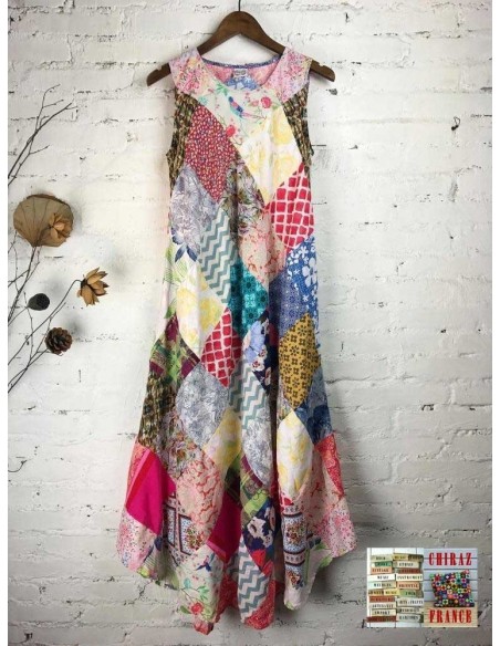 Robe trapèze pièces BRUT CLAIR vintage scrapbooking artisanal longue ample coupe PATCHWORK boho ethnique folk