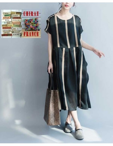 Robe effet kimono en chanvre et coton NOIR doublé rayures beiges ample XL boho ethnique folk