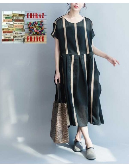 Robe effet kimono en chanvre et coton NOIR doublé rayures beiges ample XL boho ethnique folk