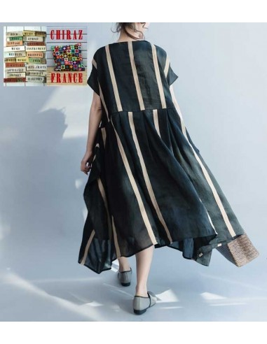 Robe effet kimono en chanvre et coton NOIR doublé rayures beiges ample XL boho ethnique folk