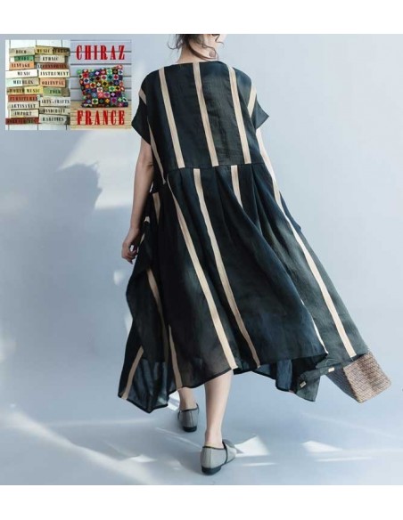 Robe effet kimono en chanvre et coton NOIR doublé rayures beiges ample XL boho ethnique folk