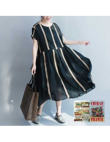 Robe effet kimono en chanvre et coton NOIR doublé rayures beiges ample XL boho ethnique folk