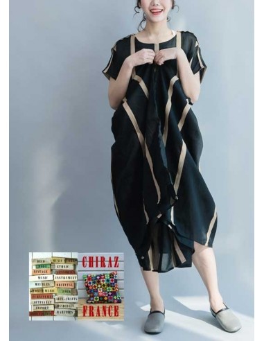 Robe effet kimono en chanvre et coton NOIR doublé rayures beiges ample XL boho ethnique folk