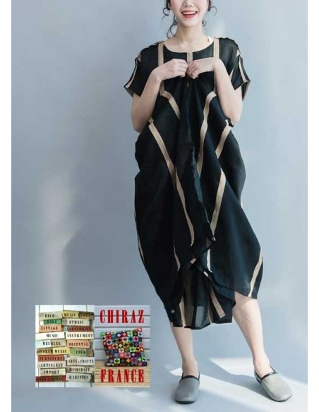 Robe effet kimono en chanvre et coton NOIR doublé rayures beiges ample XL boho ethnique folk