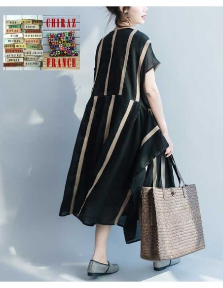 Robe effet kimono en chanvre et coton NOIR doublé rayures beiges ample XL boho ethnique folk