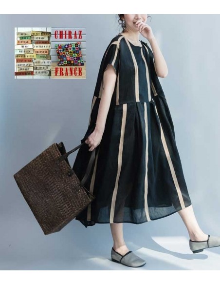 Robe effet kimono en chanvre et coton NOIR doublé rayures beiges ample XL boho ethnique folk