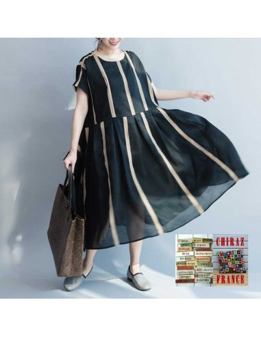 Robe effet kimono en chanvre et coton NOIR doublé rayures beiges ample XL boho ethnique folk