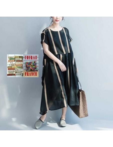 Robe effet kimono en chanvre et coton NOIR doublé rayures beiges ample XL boho ethnique folk