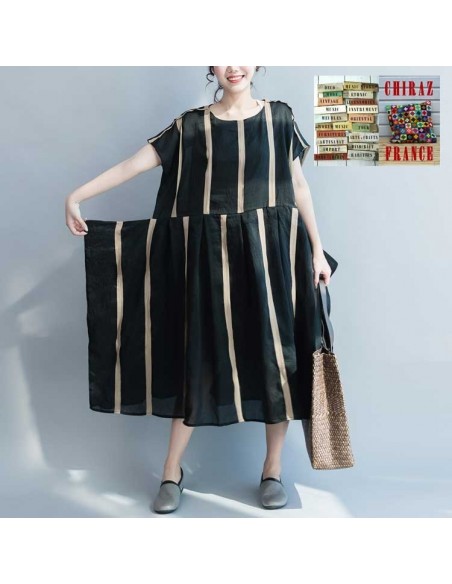 Robe effet kimono en chanvre et coton NOIR doublé rayures beiges ample XL boho ethnique folk