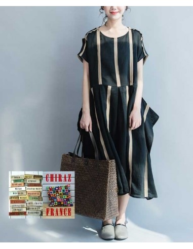 Robe effet kimono en chanvre et coton NOIR doublé rayures beiges ample XL boho ethnique folk