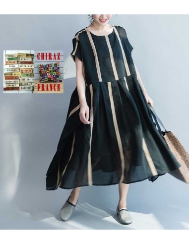 Robe effet kimono en chanvre et coton NOIR doublé rayures beiges ample XL boho ethnique folk