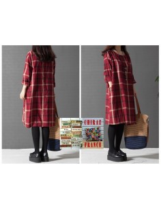 Chemise robe rouge longue carreaux oversize de coton tartan bourgeon grand-père créateur boho folk 2