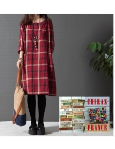 Chemise robe rouge longue carreaux oversize de coton tartan bourgeon grand-père créateur boho folk