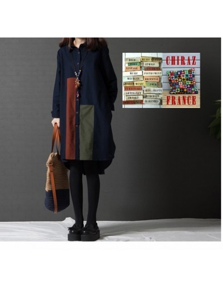 Chemise coton lin bleu ou kaki LIN aplats tissus sombres créateurs boho ethnique